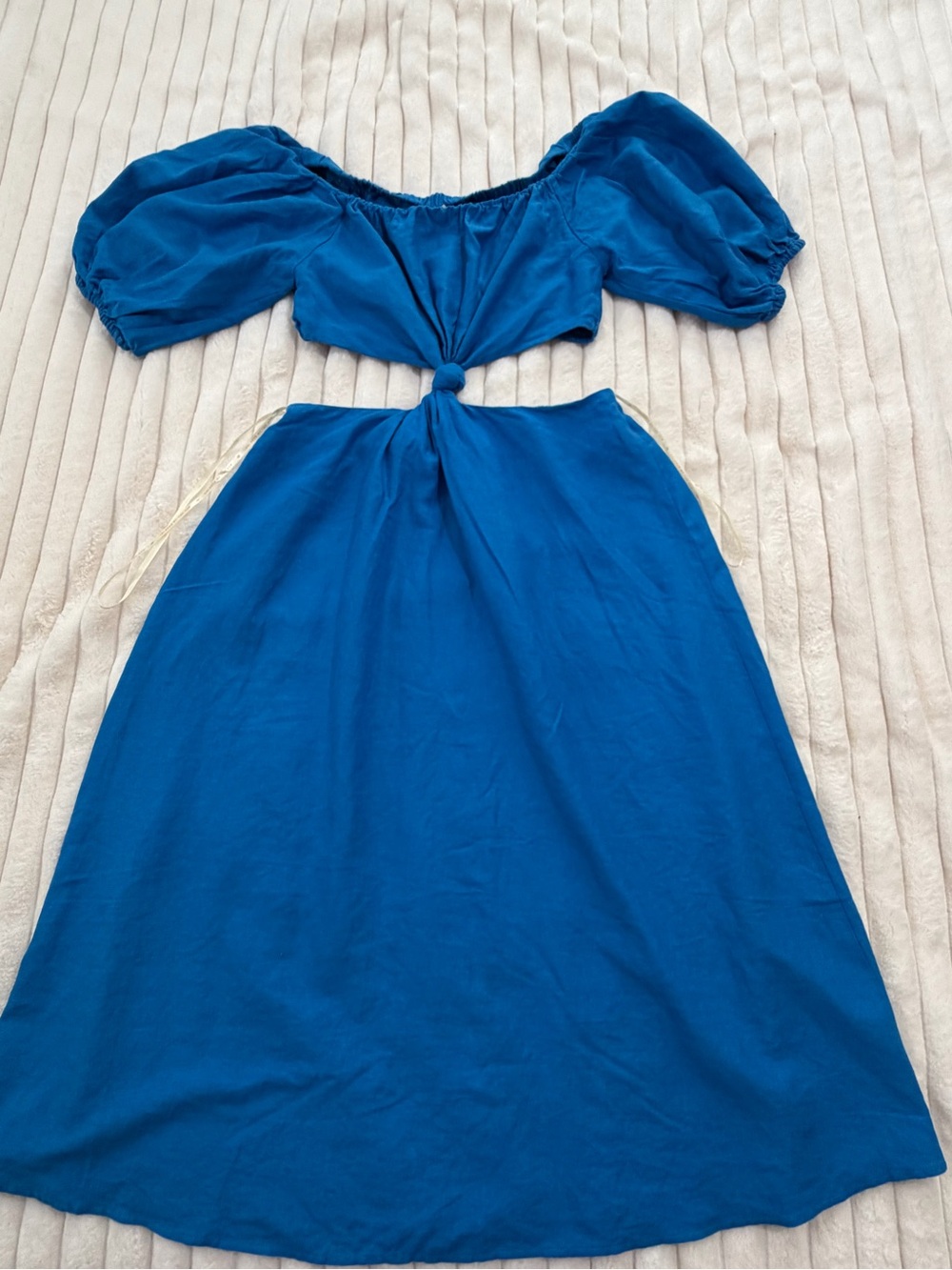 FARM Rio Linen Collection Royal Blue Puff-Sleeve Midi Dress with Front Knot